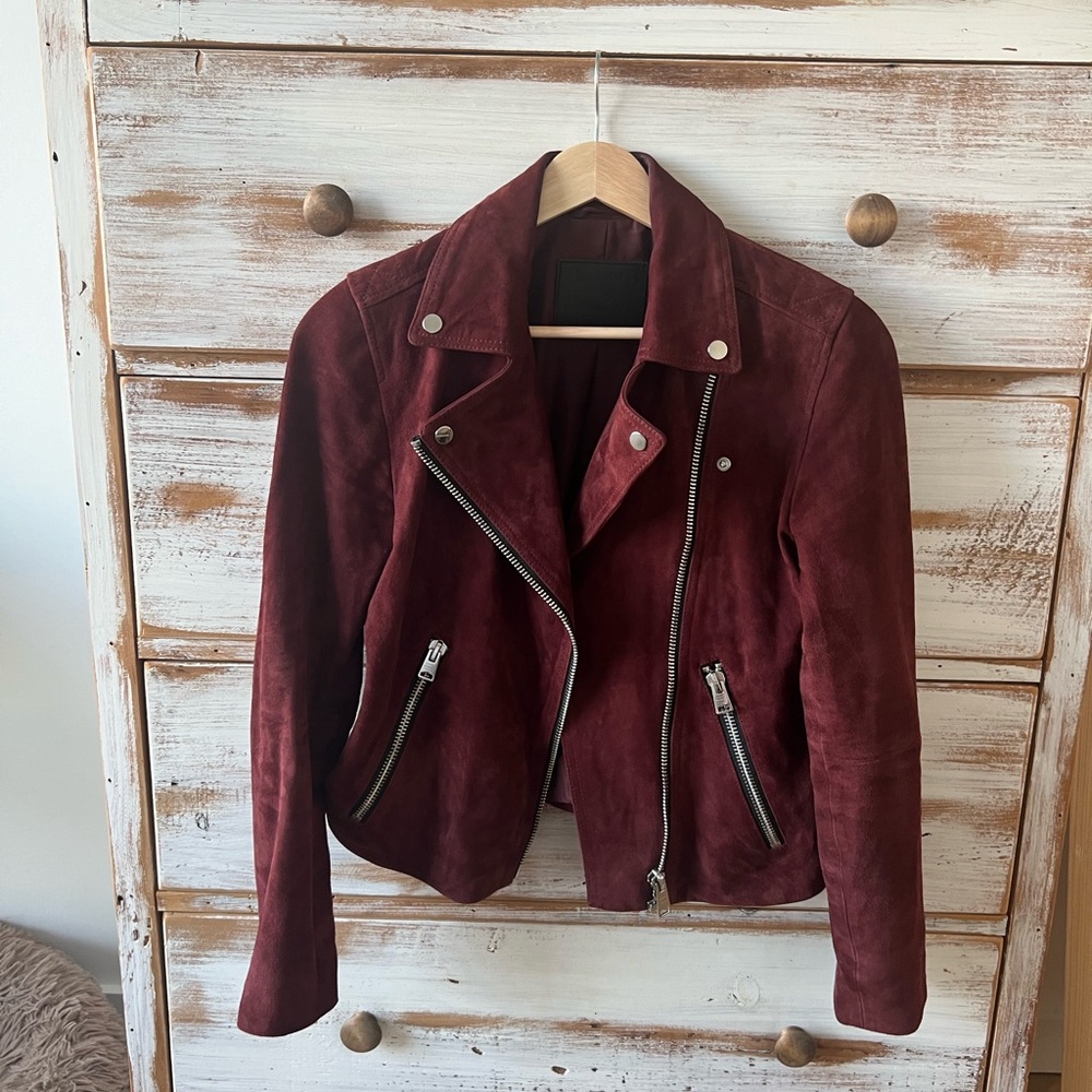 All Saints suede maroon bomber jacket